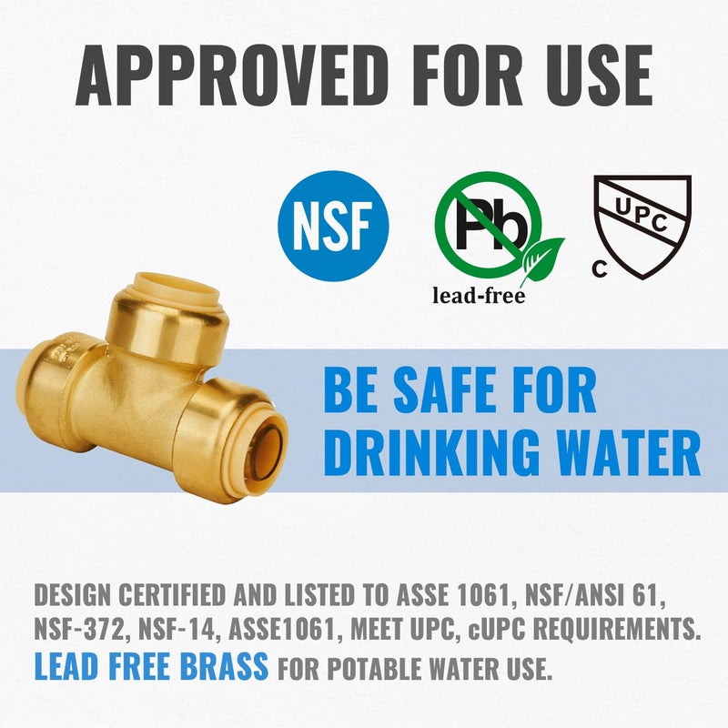 SUNGATOR 12-Pack Tee Plumbing Pipe Connector, 3/4-Inch Push Fit PEX Tee, No Lead Brass T Fittings with Disconnect Clip, Push-to-Connect, Copper, CPVC - Image 3